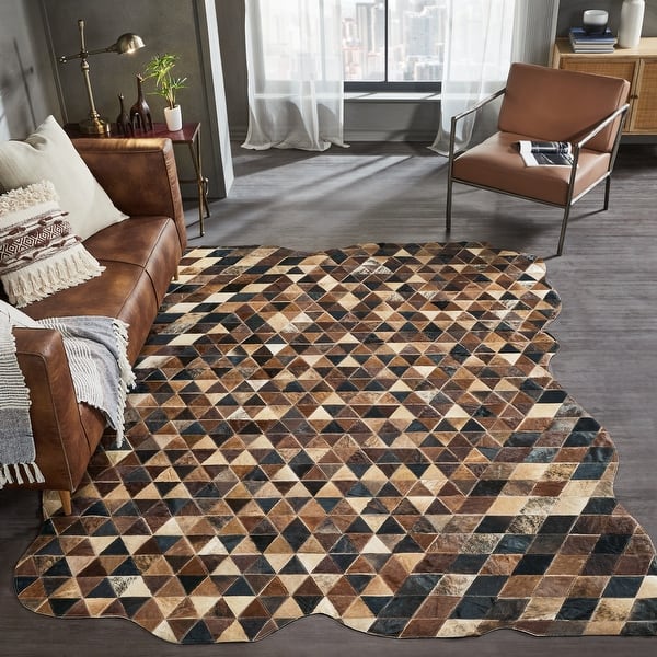 slide 2 of 9, Pelle Leather Warm Browns/Black Mosaic Abstract-Edged Area Rug