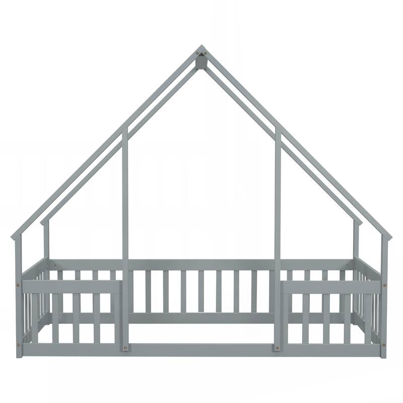 Twin Wood House-Shaped Floor Bed with Fence