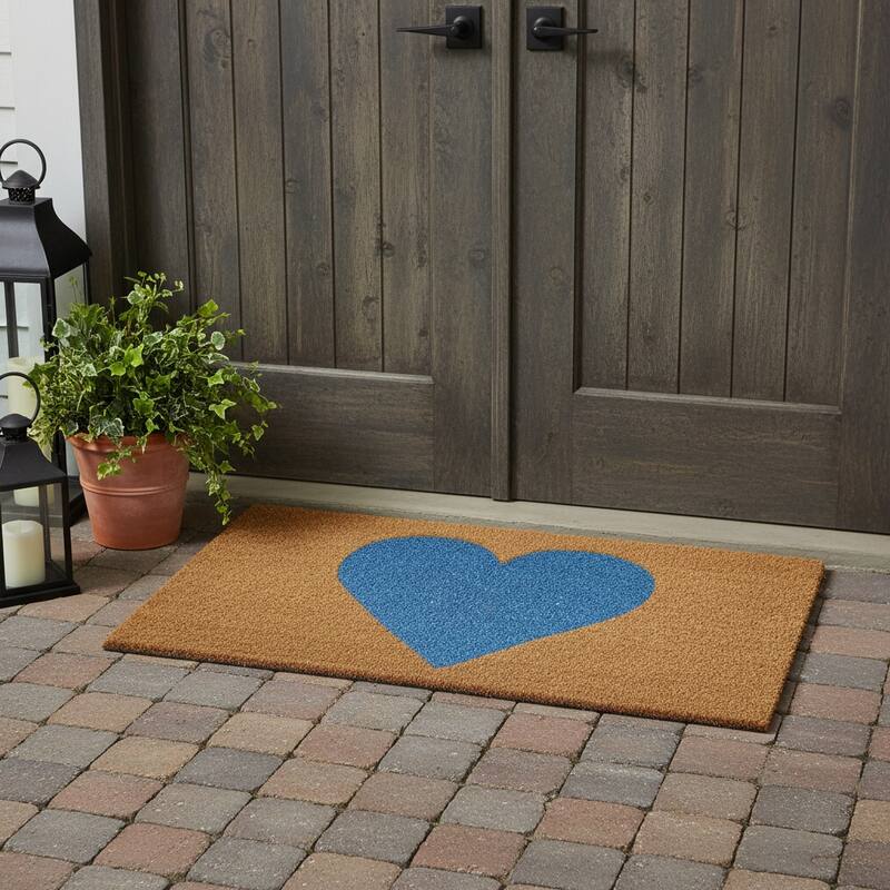 HomeRoots 36" X 72" Brown And Blue Heart Outdoor Coir Door Mat - 36.00' X '72.00 - 36.00' X '72.00