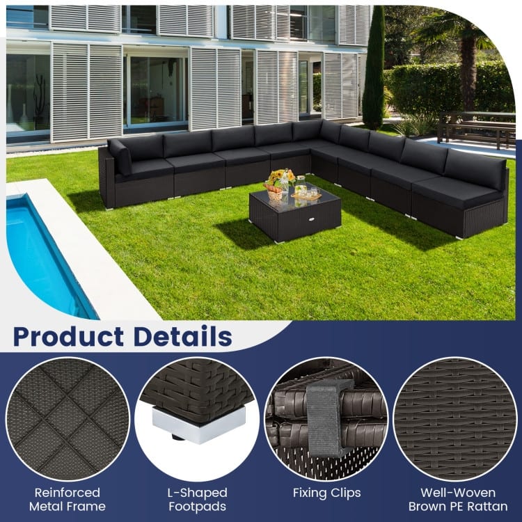 10 Piece Outdoor Wicker Conversation Set with Seat and Back Cushions - 29" x 25" x 25"
