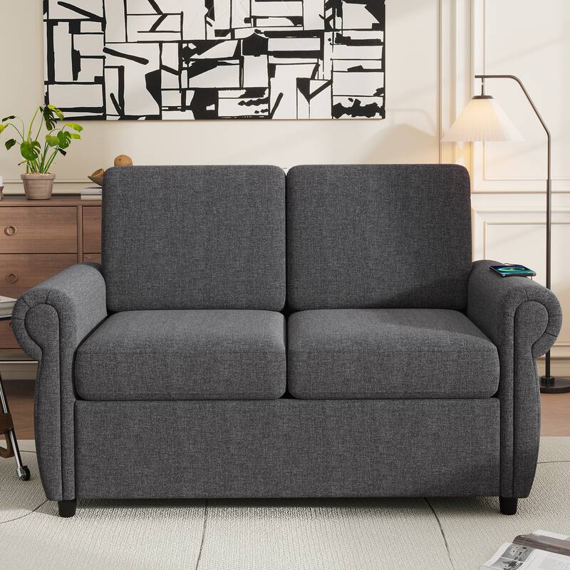 Roomfitters 57.9" Pull-Out Sleeper Sofa Loveseat with Twin Size Memory Foam Mattress, Two USB Charging Ports