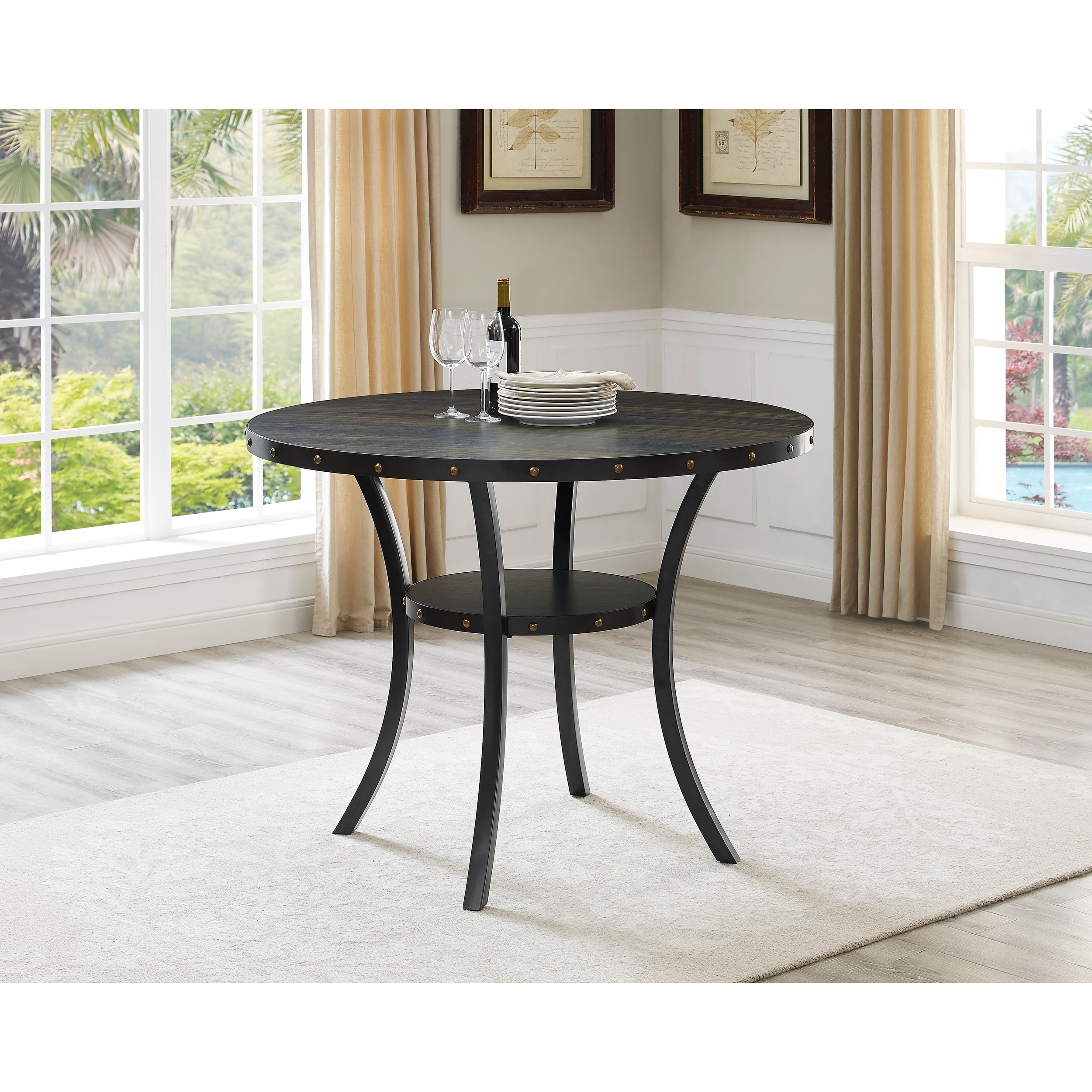 Round Coffee Table with Shelves, Blue Upholstered Back Chairs with Nailhead Trim, Vintage Dining Table and Chair Set
