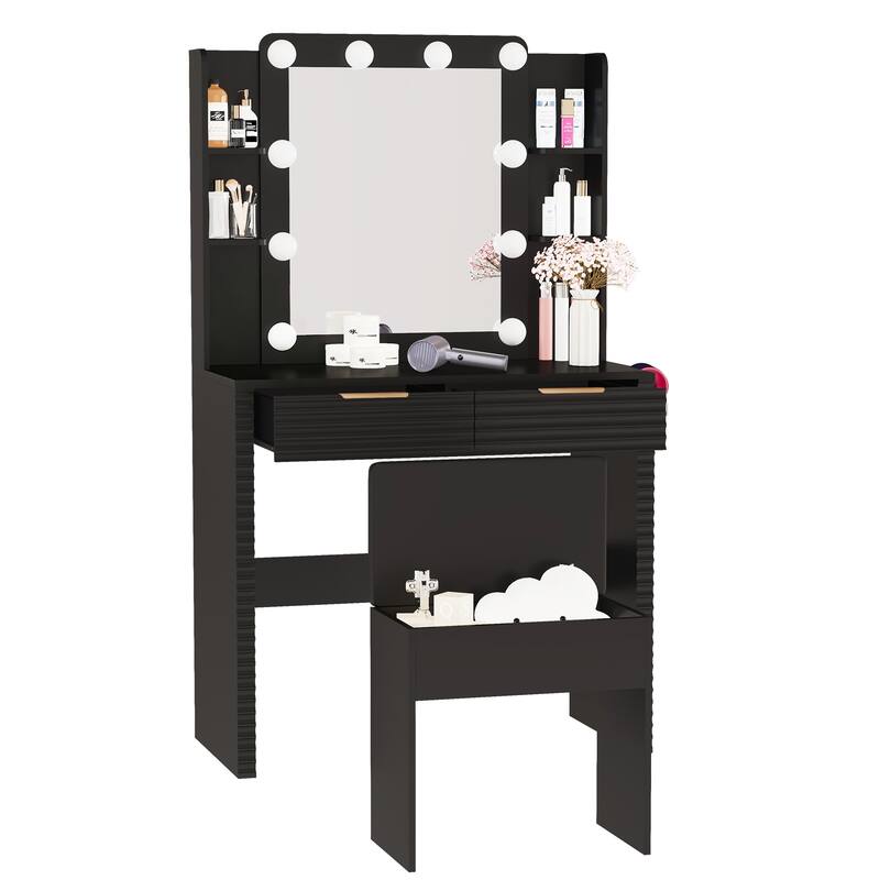 Makeup Vanity with 10 Hollywood Bulb Lights & Charging Station, Fluted Dressing Table with Storage Stool