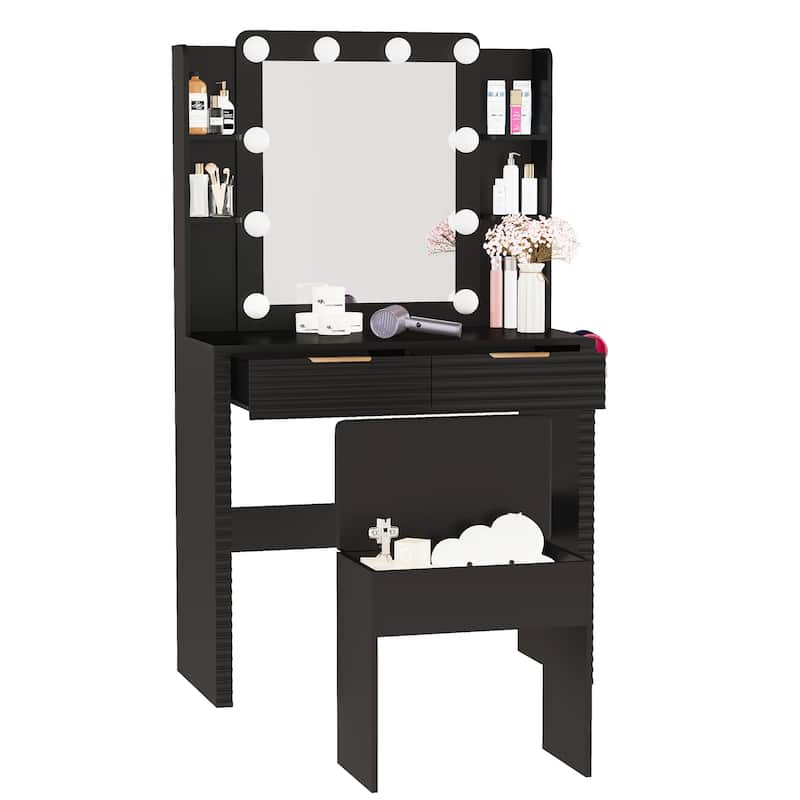 Roomfitters Makeup Vanity Table with Hollywood Lighted Mirror, Fluted Ribbed Drawers, Hair Dryer Holder and Stool, Black
