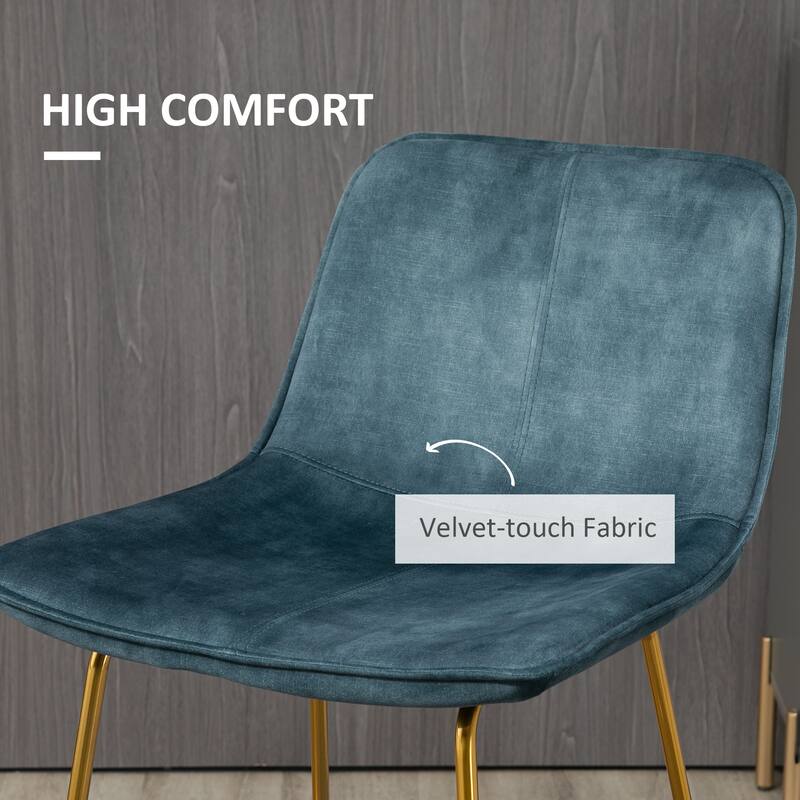 HOMCOM Tall Bar Stools, Set of 2, Velvet-Touch Fabric Bar Chairs, Bar Stools with Gold-Tone Metal Legs for Dining Area