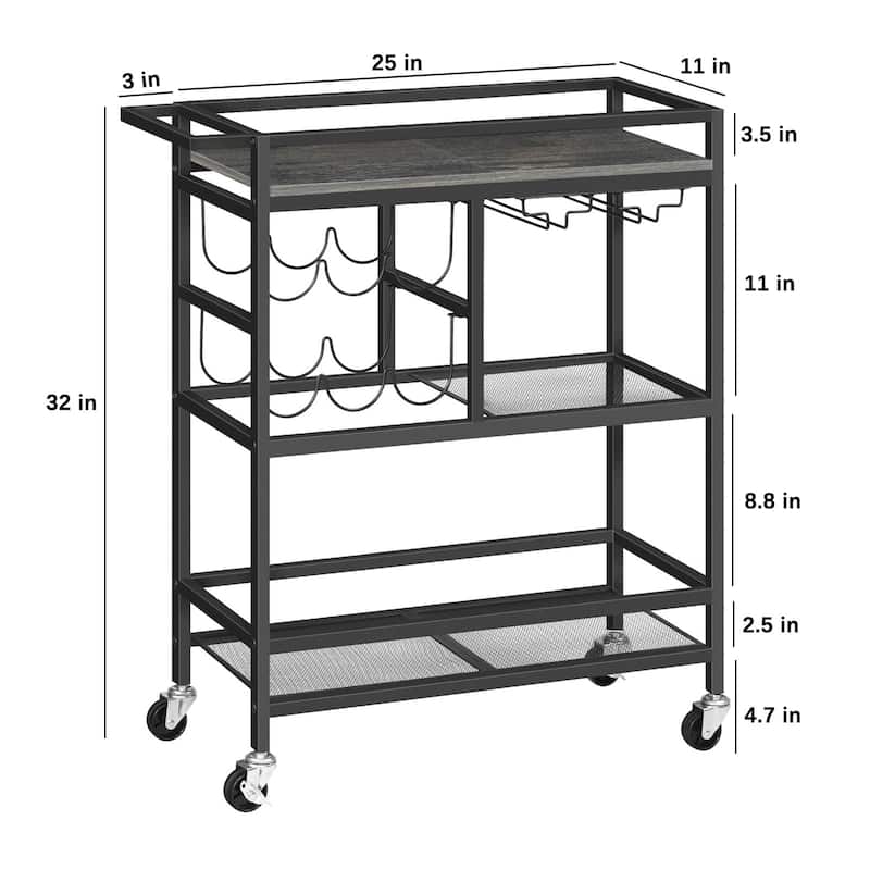 3-Tier Home Bar Serving Cart with Handle, Wine Rack, and Glass Holders