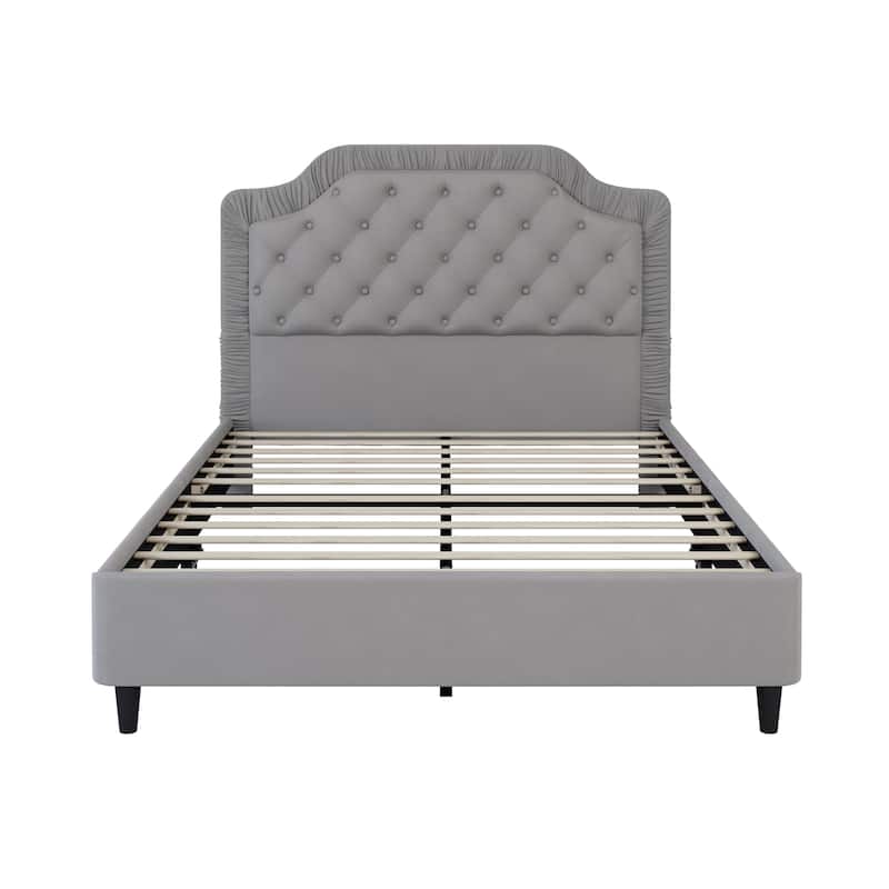 Velvet Upholstered Platform Bed with Ruched and Button Tufted Headboard, Solid Wood Frame, No Box Spring Needed, Easy Assembly