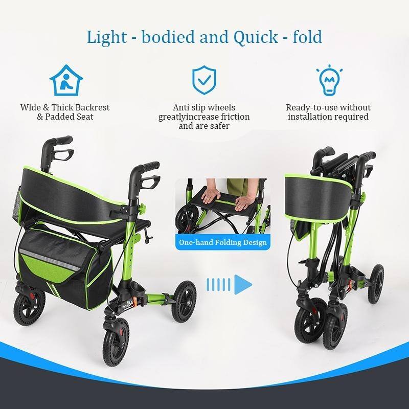 Lightweight Foldable All Terrain Rolling Walker with seat, Aluminum Walkers with 8 inch Rubber Wheels