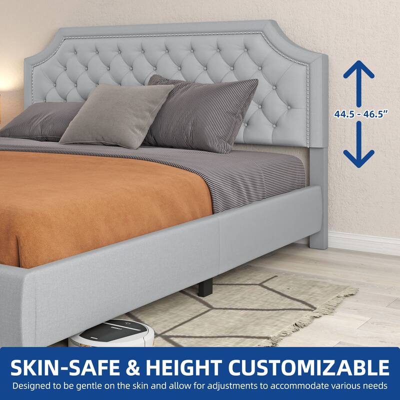 Moasis Linen Upholstered Platform Bed Velvet Bed Frame with Adjustable Headboard