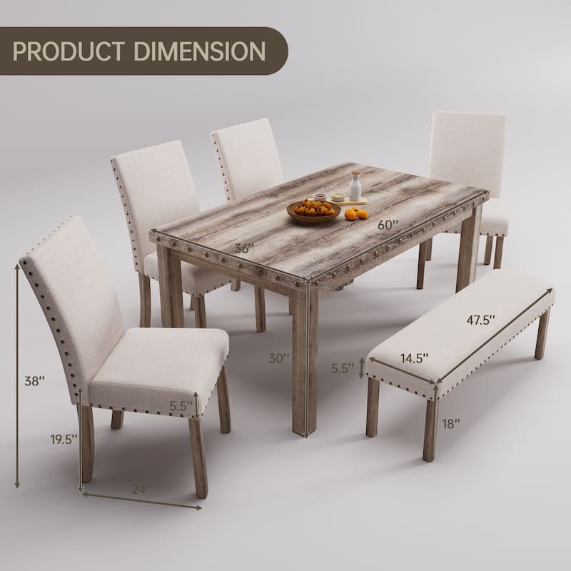 Morden Fort Rustic Farmhouse Rectangular Dining Set, Living Room Bench Set of 6