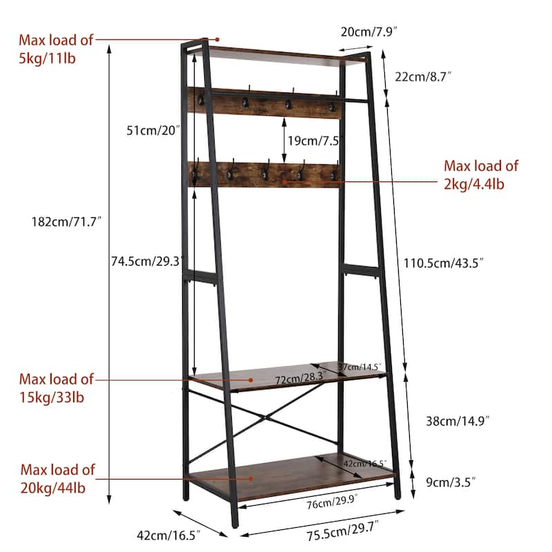 Industrial Clothes Rack Stand with Storage Shelves and 9 Hooks