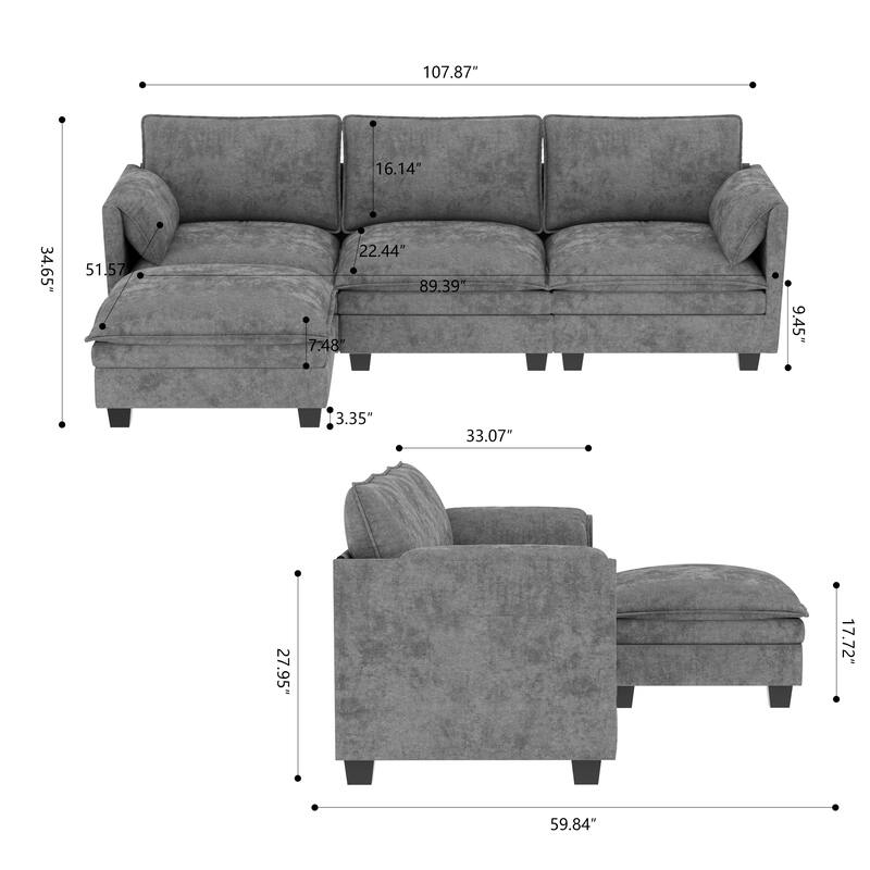 L-Shaped Sectional Sofa with Movable Ottoman, Fabric Upholstered 3 Seater Sofa, Deep Seat Sofa with Side Pockets