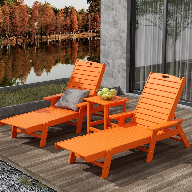 Laguna Hdpe All Weather Outdoor Patio Pool Reclining Chaise Lounges With Square Side Table (3-Piece Set) - Orange