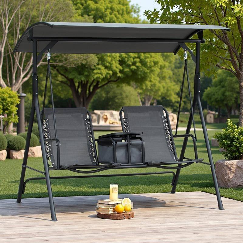 Steel 2-Seat Patio Swing with Canopy, Cup Holders and Storage Table (528lb Capacity) - Gray