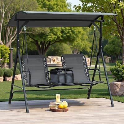 Steel 2-Seat Patio Swing with Canopy, Cup Holders and Storage Table (528lb Capacity)