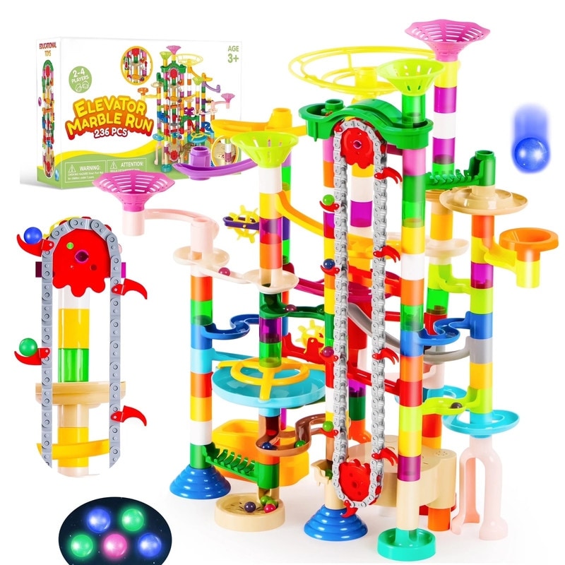 236Pcs Glowing Marble Run with Motorized Elevator, 30 Glow in The Dark Plastic Marbles - Multicolor