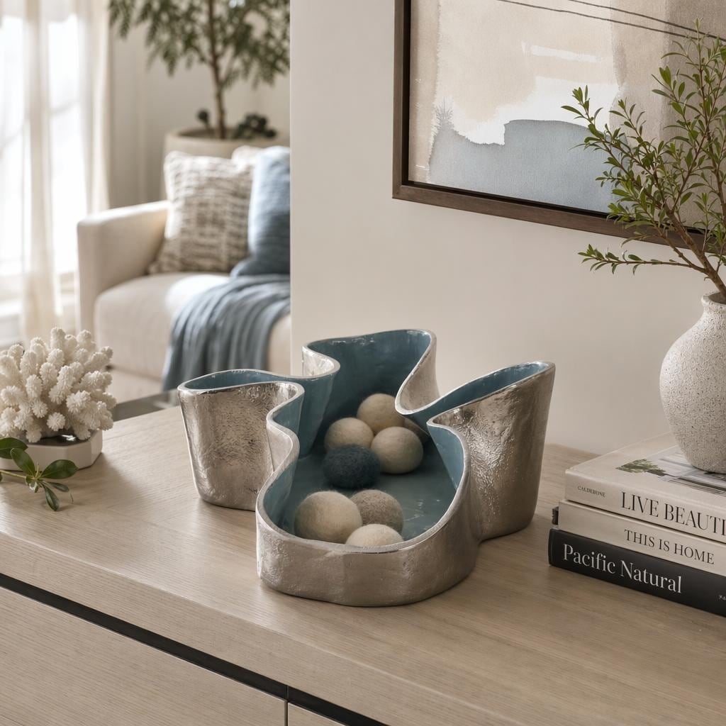 Aluminum Decorative Bowl Freeform Modern Coastal Display - 6" Blue - 15.25"