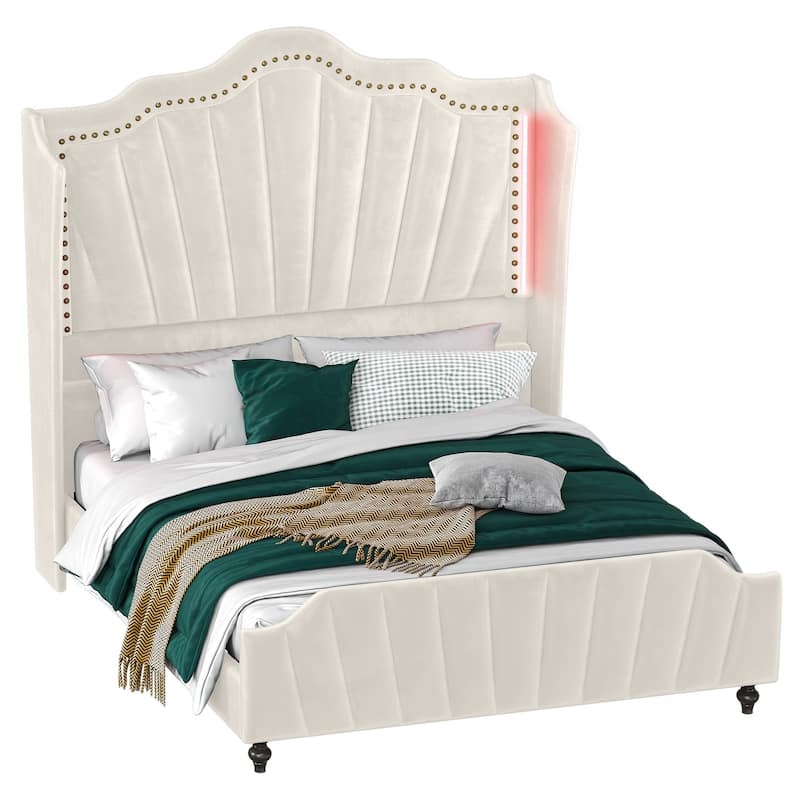 Velvet Upholstered Platform Bed Frame with 60" Tall Wingback Headboard - Off White - Queen