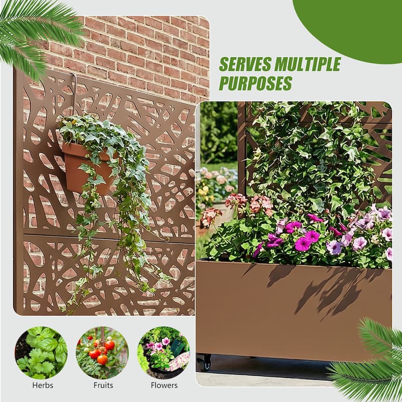 Metal Galvanized Planter Box with Trellis Privacy Screen Lockable Wheels