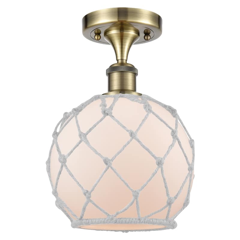 Innovations Lighting Endless Possibilities Ballston - Farmhouse Rope - 1 Light 8" Semi-Flush Mount - Antique Brass/White Glass with White Rope