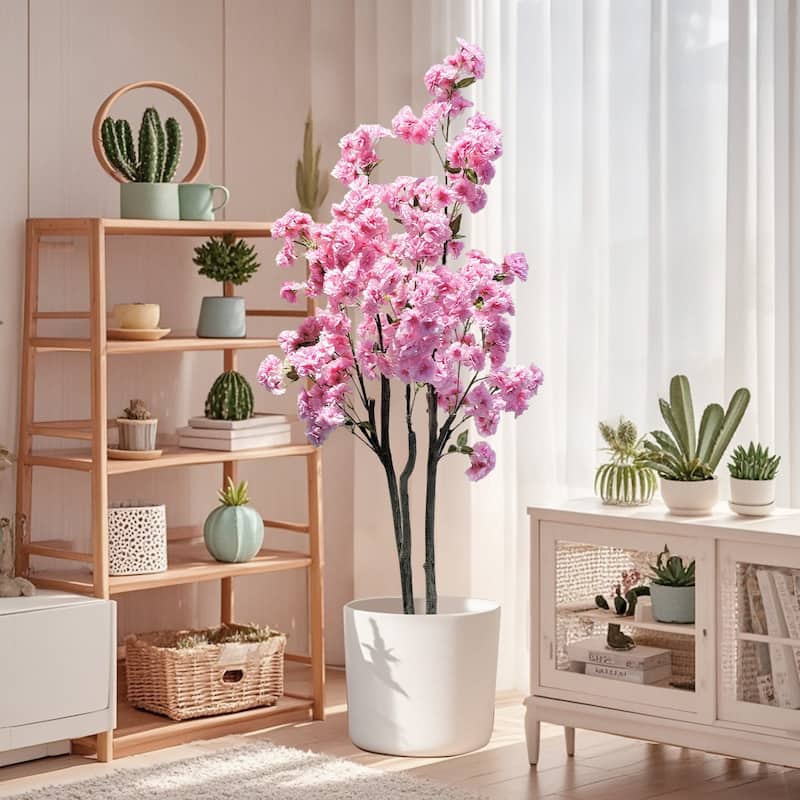 Decorative Faux Artificial Cherry Blossom Silk Tree in Pot for Home Decor - 5 Ft Double Pole