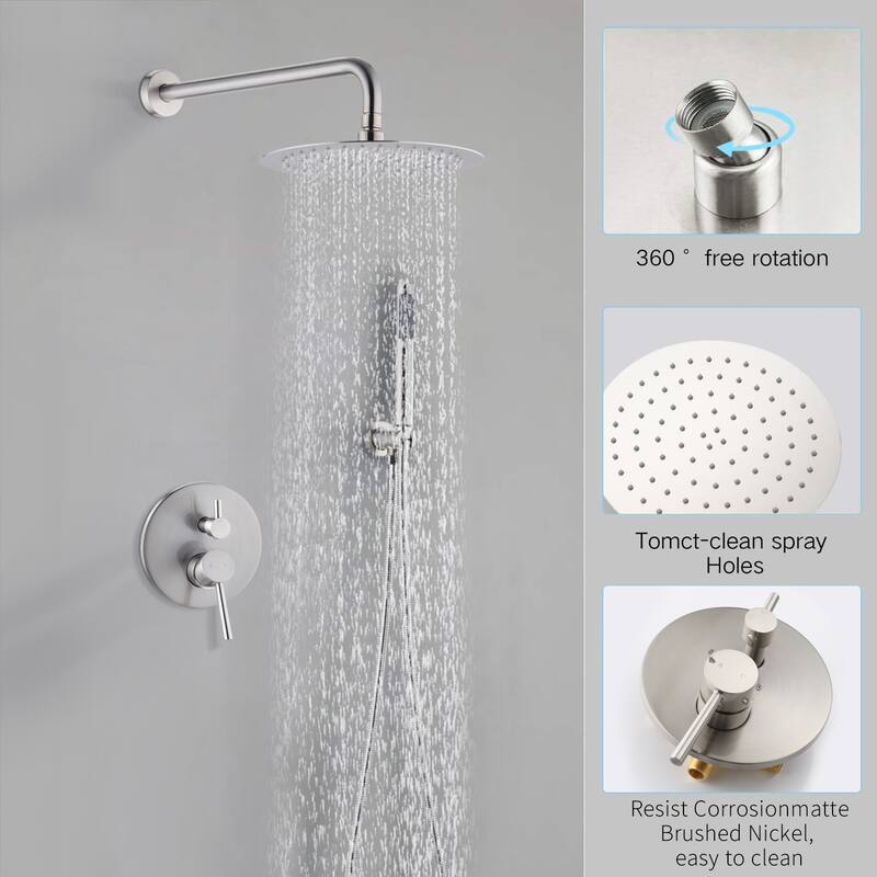 Proox Shower Faucet Set Wall Mounted Shower Trim Kit with 10" Roud Rain Shower head and Handheld Shower Head Set Valved Included