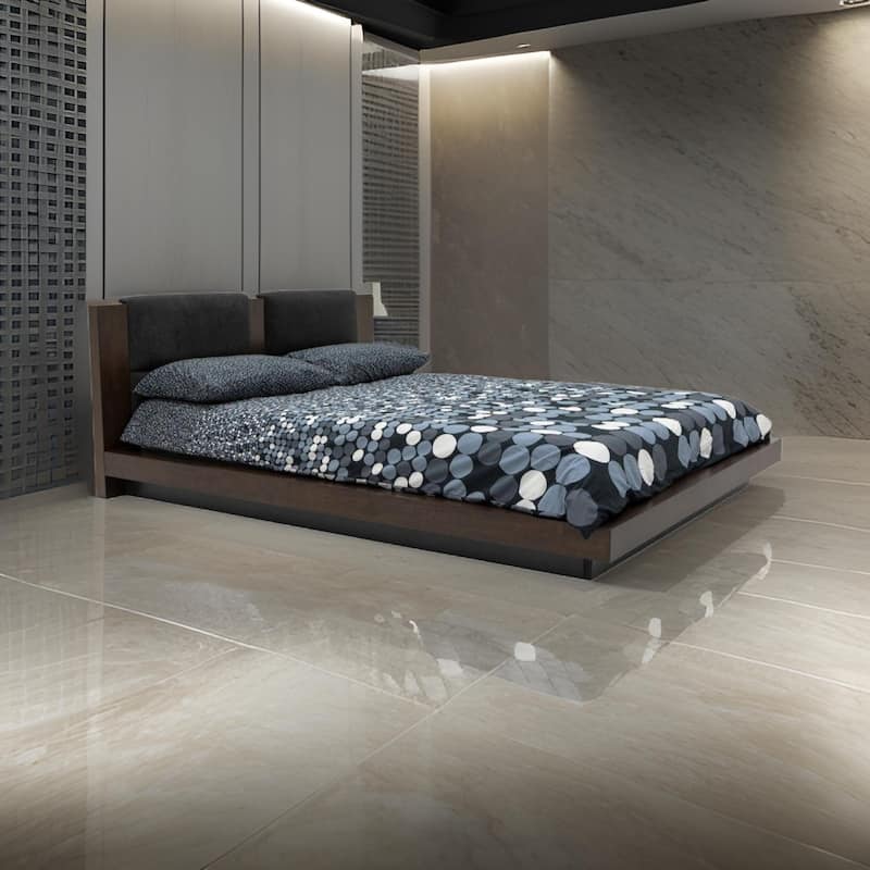 Noe Col King Size Bed with 2 Nightstands, Black Pillow Headboard, Brown