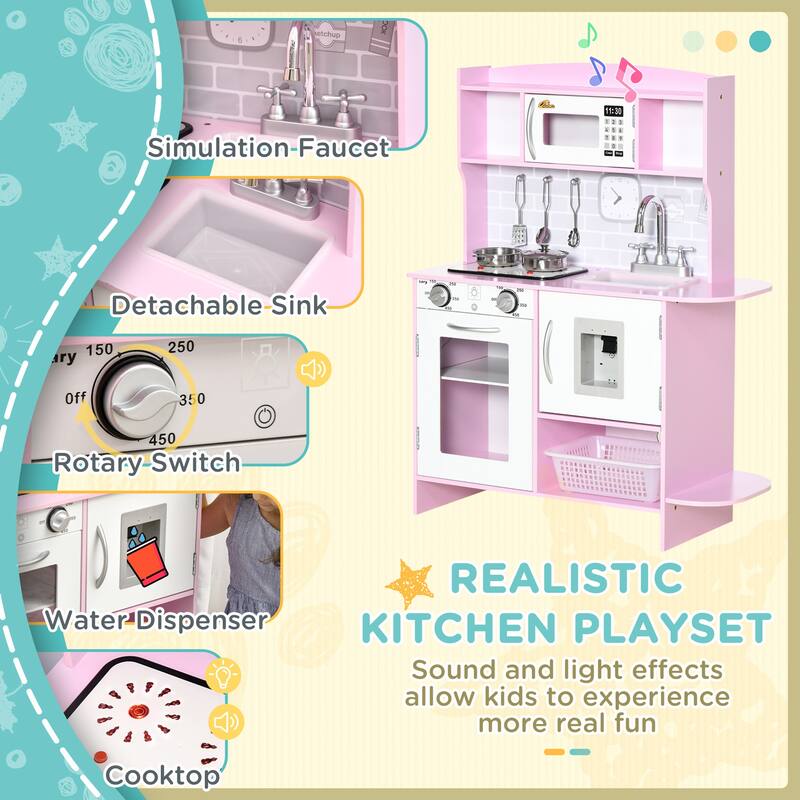 Qaba Pretend Play Kitchen Toy Set for Kids with Realistic Design, Stove Lights, Storage, Water Dispenser, for 3-6 Years Old