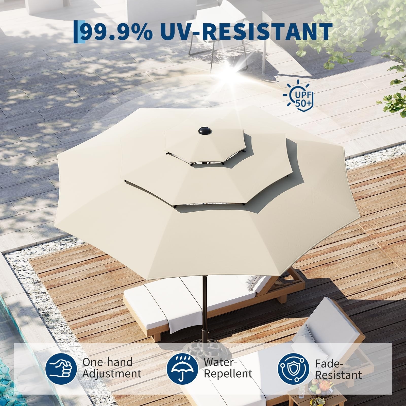 ft beige water resistant patio umbrelle Ombrellon 10 X 13 Cantilever Umbrella Outdoor with Lights & Base it supports easy opening and closing with one hand Sun Master Series Patio Umbrella