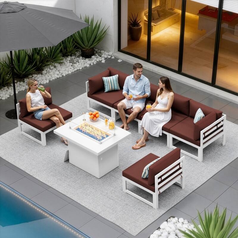 7 Piece Aluminum Patio Furniture Set with Fire Pit Propane/Gas, 29 inch Deep Wide Seat Aluminum Outdoor Sectional