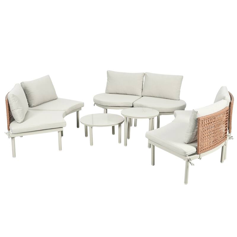 8-Piece Patio Sofa Furniture Set, Half Moon Sectional Sofa with 2 High-Low Coffee Tables, 6 Pillows & Cushions