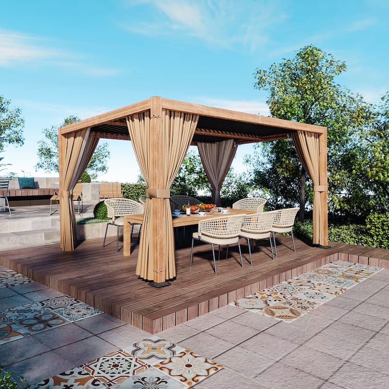 10 ft. x 13 ft. Aluminum Louvered Pergola with Adjustable Roof and Curtains - Khaki