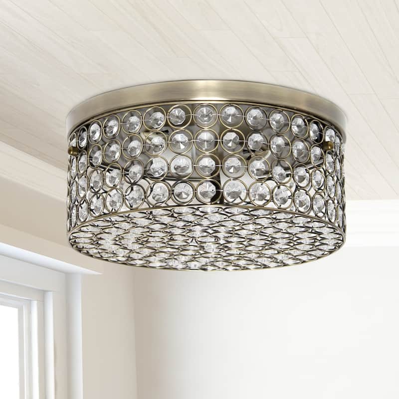 Two Light Decorative Round Crystal Flush Mount Ceiling Light Fixture - 12" - Bronze and Clear