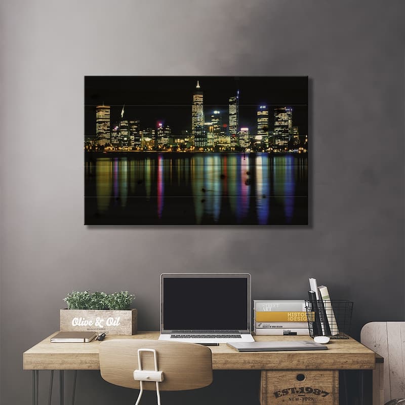 Downtown City Lights Print On Wood by Unknown Artist - Multi-Color