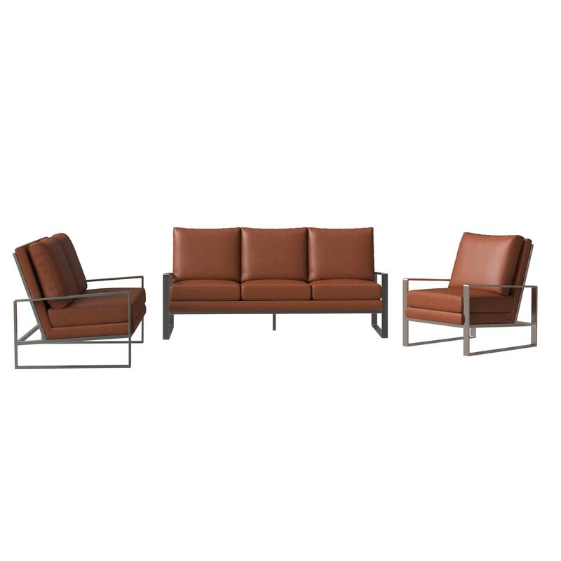 3-Piece Leather Sofa Set Brushed Stainless Steel Base and Removable Cushions