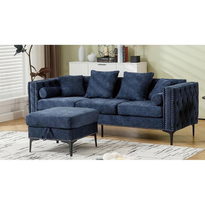 85" L-Shaped 4-Seater Sectional Sofa with Convertible Storage Ottoman, Pillows, Solid Wood Frame, and Modern Tufting