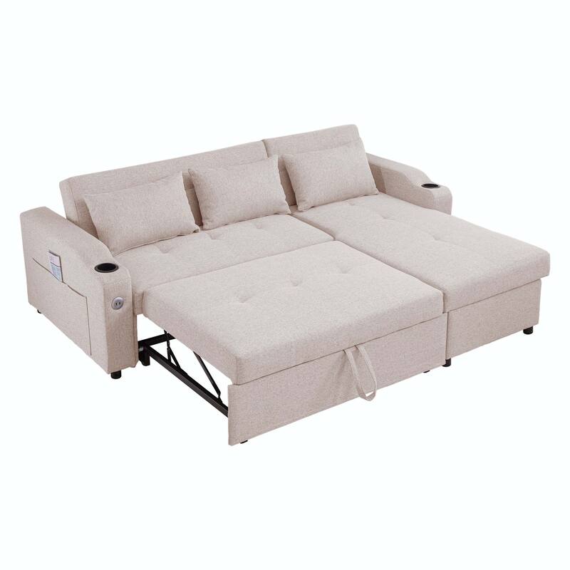 84" 3 in 1 Linen Sleeper with USB Ports and Cup Holders