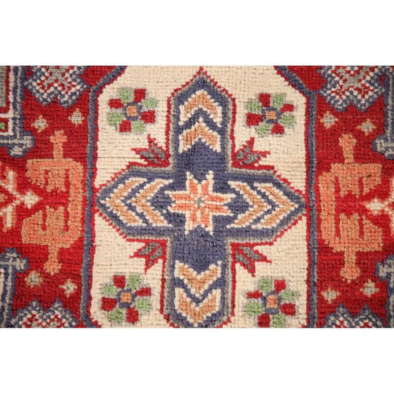 Geometric Kazak Rug Hand-Knotted Grey Wool Carpet - 3'3"x 4'10"