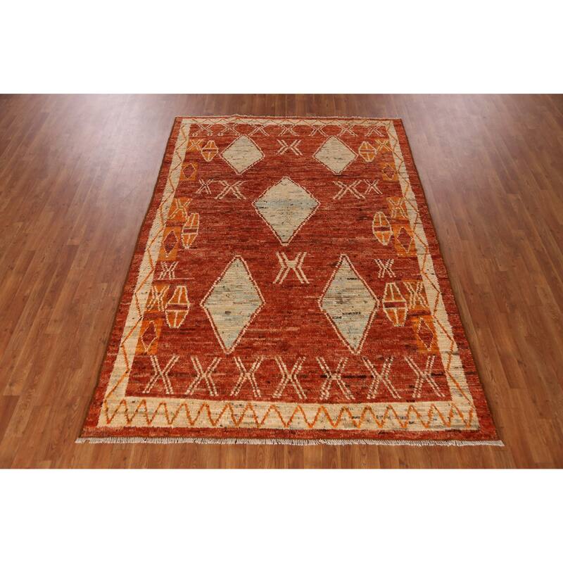 Orange Geometric Moroccan Oriental Rug Handmade Wool Carpet - 6'1" x 8'6"