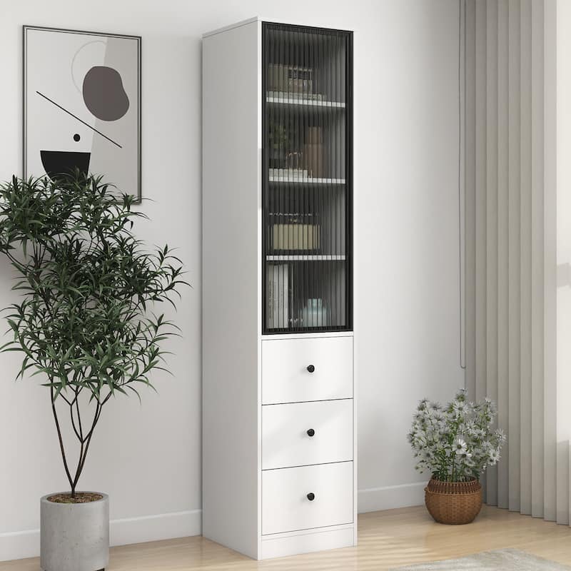 White Storage Cabinet, Modern Freestanding Narrow Bookcase with Glass Doors, Storage Drawers Wood File Cabinets for Home Office