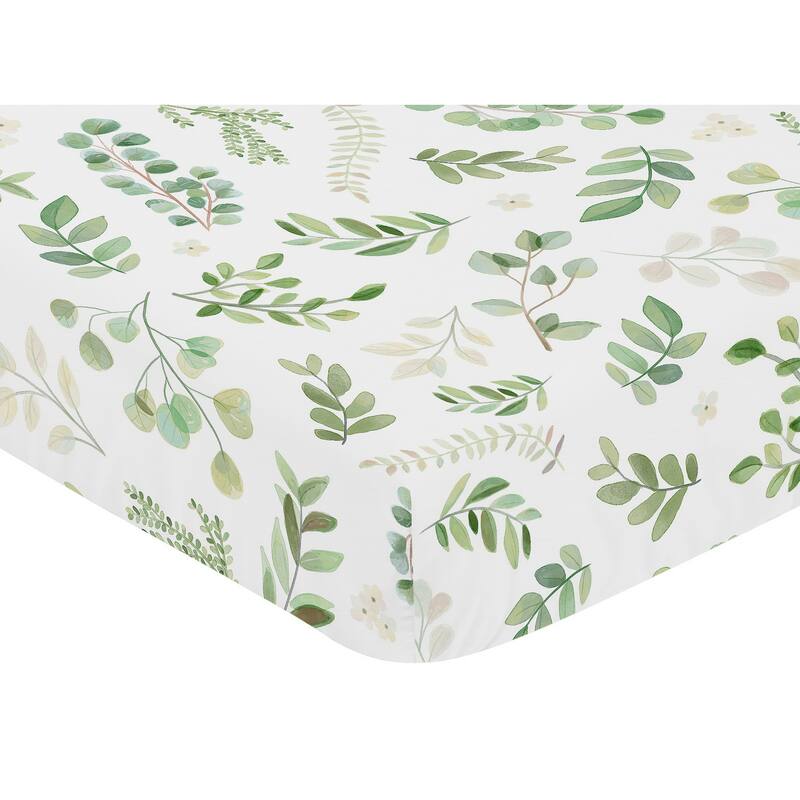 Floral Leaf Collection Girl Fitted Crib Sheet - Green and White Boho Watercolor Botanical Woodland Tropical Garden