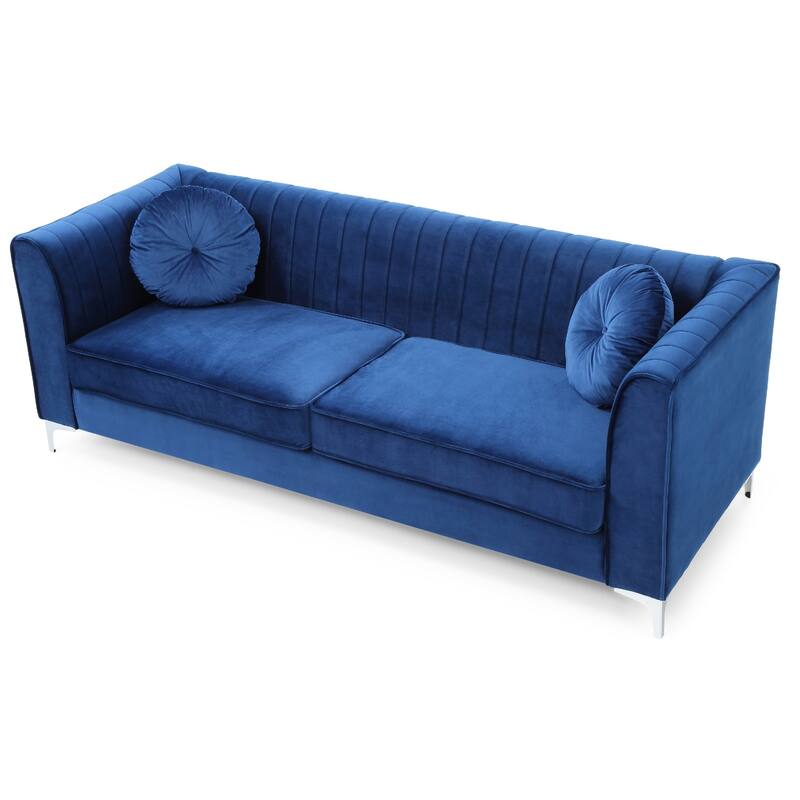 Channel Tufted Velvet 2-Seater Sofa with Throw Pillows - 87" - Blue