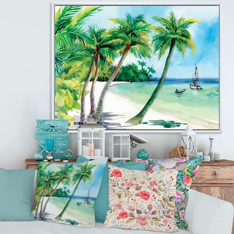 Designart 'Summer Beach With Palm Trees' Nautical & Coastal Framed Canvas Wall Art Print