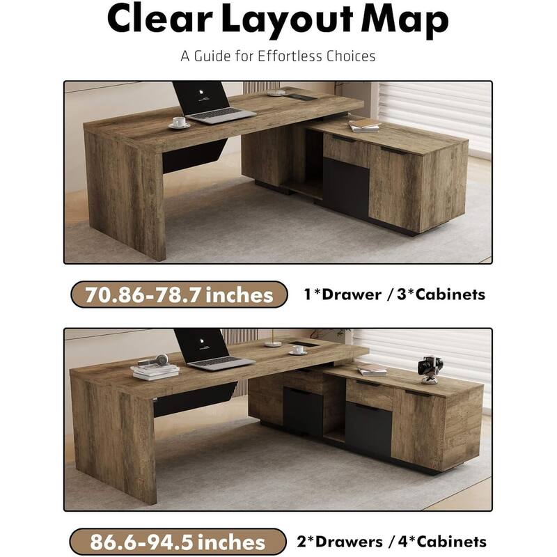 WESOME Retractable L-Shaped Executive Desk with Cable Management Drawers and Lateral File Cabinet
