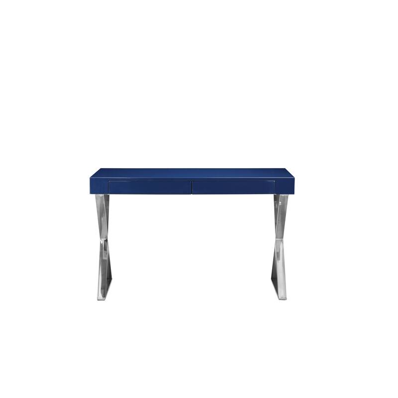 Rix 47 Inch Office Desk, Navy Wood Top, 2 Drawers, X Polished Steel Legs