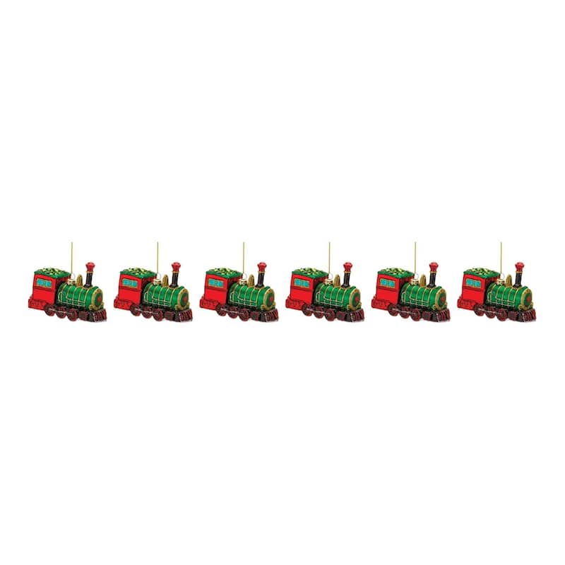 Set of 6 Glittered Glass Train Christmas Ornaments 4.25"