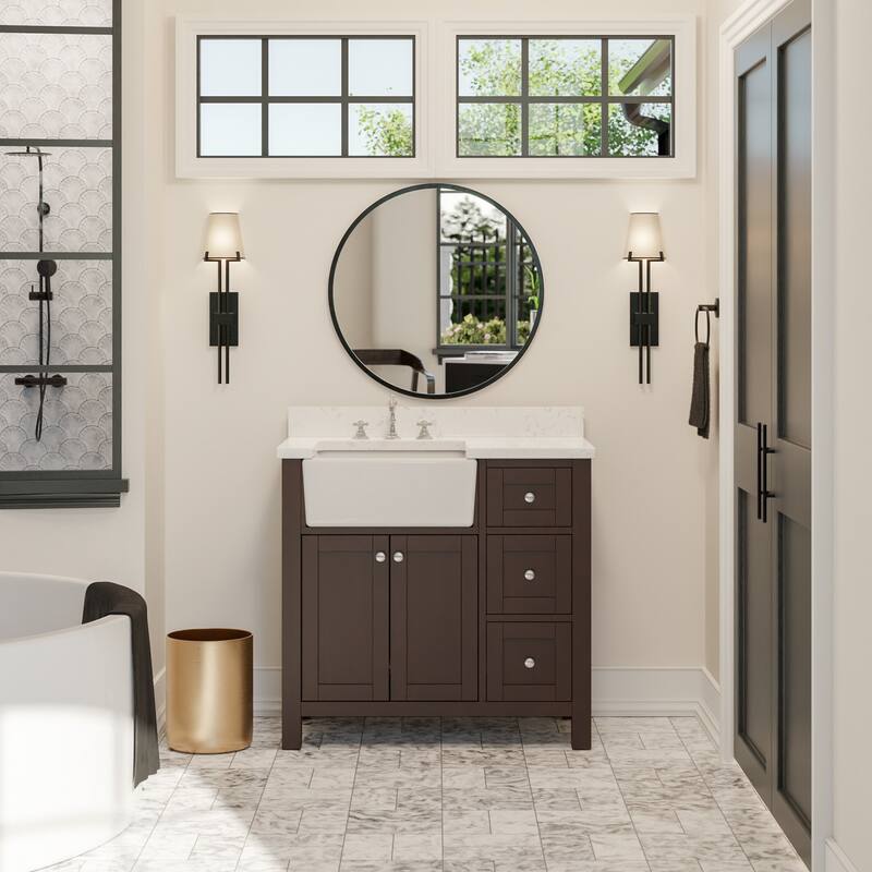 KitchenBathCollection Yorkshire 36" Farmhouse Bathroom Vanity with Engineered Marble Top - Chocolate