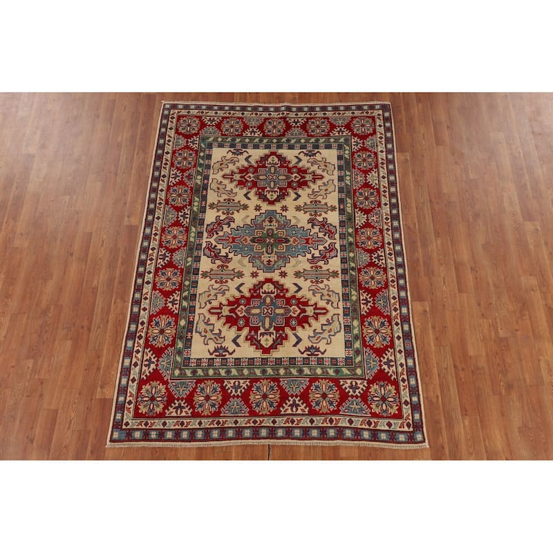 Kazak Oriental Area Rug Hand-Knotted Geometric Bedroom Wool Carpet - 4'10" x 7'1"