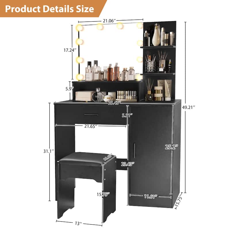 Vanity Desk with Mirror and Lights,with Drawer & Storage Cabinet,3 Lighting Modes Adjustable Brightness,with Open Shelves