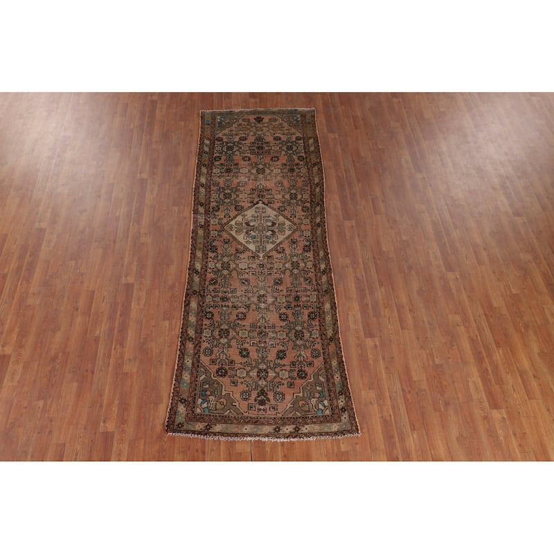 Distressed Hamedan Persian Vintage Runner Rug Handmade Wool Carpet - 3'4" x 9'8"